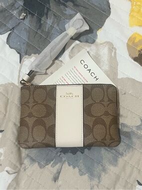 Coach Brown Signature Wristlet with White Center Stripe